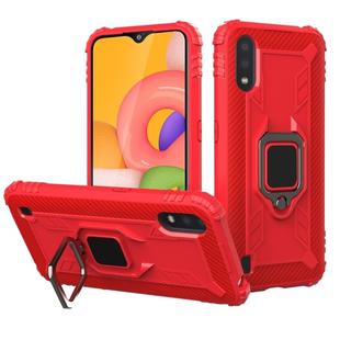 For Samsung Galaxy A01 (US Version) Carbon Fiber Protective Case with 360 Degree Rotating Ring Holder(Red)