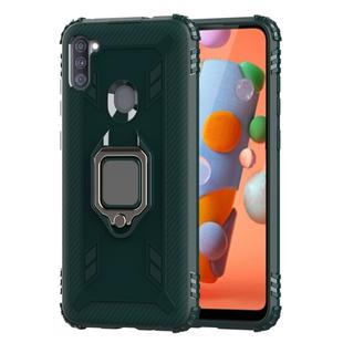 For Samsung Galaxy M11 Carbon Fiber Protective Case with 360 Degree Rotating Ring Holder(Green)