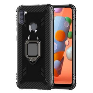 For Samsung Galaxy M11 Carbon Fiber Protective Case with 360 Degree Rotating Ring Holder(Black)