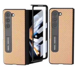 For Samsung Galaxy Z Fold5 ABEEL Integrated Carbon Fiber Texture Protective Phone Case with Holder(Yellow)