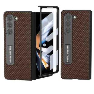 For Samsung Galaxy Z Fold5 ABEEL Integrated Carbon Fiber Texture Protective Phone Case with Holder(Dark Brown)