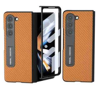 For Samsung Galaxy Z Fold5 ABEEL Integrated Carbon Fiber Texture Protective Phone Case with Holder(Light Brown)