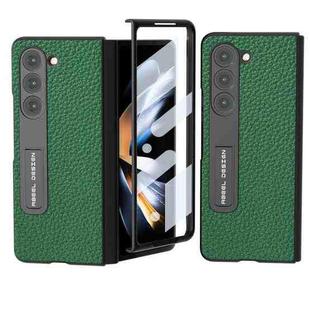 For Samsung Galaxy Z Fold5 ABEEL Integrated Genuine Leather Litchi Texture Phone Case with Holder(Green)