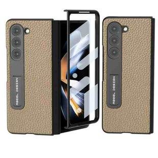 For Samsung Galaxy Z Fold5 ABEEL Integrated Genuine Leather Litchi Texture Phone Case with Holder(Grey)