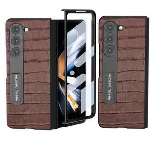 For Samsung Galaxy Z Fold5 ABEEL Integrated Crocodile Texture Genuine Leather Phone Case with Holder(Brown)