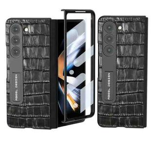 For Samsung Galaxy Z Fold5 ABEEL Integrated Crocodile Texture Genuine Leather Phone Case with Holder(Black)