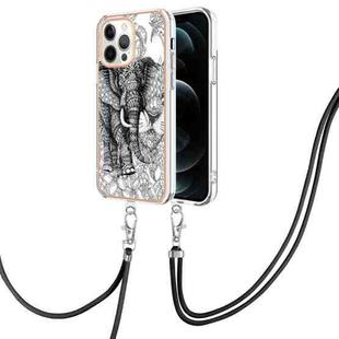 For iPhone 12 / 12 Pro Electroplating Dual-side IMD Phone Case with Lanyard(Totem Elephant)