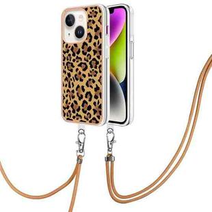 For iPhone 14 Electroplating Dual-side IMD Phone Case with Lanyard(Leopard Print)