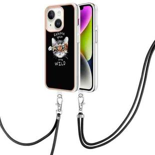 For iPhone 14 Plus Electroplating Dual-side IMD Phone Case with Lanyard(Natural Growth)