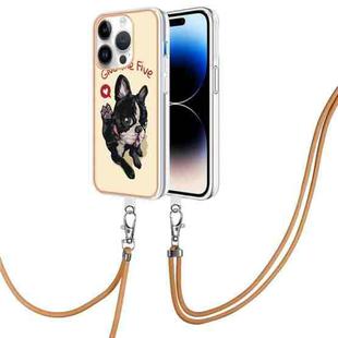 For iPhone 14 Pro Electroplating Dual-side IMD Phone Case with Lanyard(Lucky Dog)