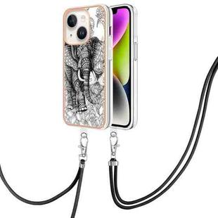 For iPhone 15 Plus Electroplating Dual-side IMD Phone Case with Lanyard(Totem Elephant)