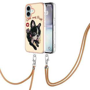 For iPhone 16 Plus Electroplating Dual-side IMD Phone Case with Lanyard(Lucky Dog)