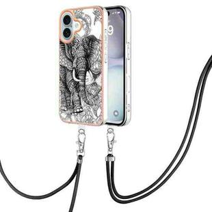 For iPhone 16 Electroplating Dual-side IMD Phone Case with Lanyard(Totem Elephant)