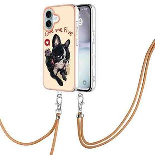 For iPhone 16 Electroplating Dual-side IMD Phone Case with Lanyard(Lucky Dog)