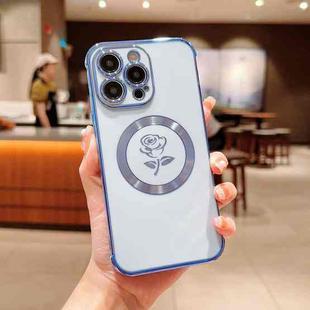 For iPhone 15 Pro Max Electroplate Side Roses Flower MagSafe Phone Case(Blue)