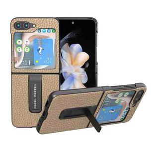 For Samsung Galaxy Z Flip5 ABEEL Genuine Leather Litchi Texture Phone Case with Holder(Grey)