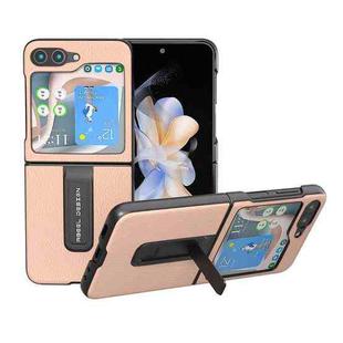 For Samsung Galaxy Z Flip5 ABEEL Genuine Leather + PC Litchi Texture Phone Case with Holder(Pink Gold)