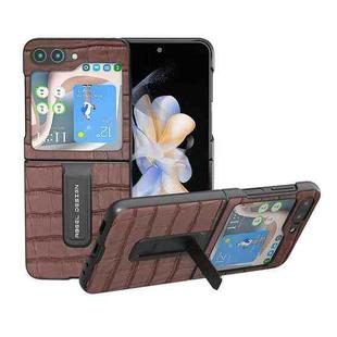 For Samsung Galaxy Z Flip5 ABEEL Crocodile Texture Genuine Leather Phone Case with Holder(Brown)