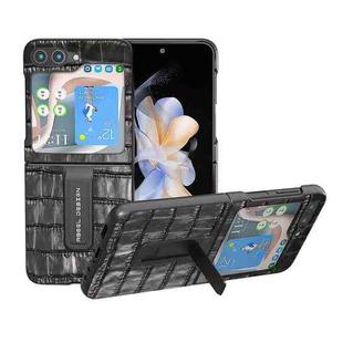 For Samsung Galaxy Z Flip5 ABEEL Crocodile Texture Genuine Leather Phone Case with Holder(Black)