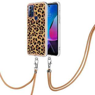 For Motorola Moto G Play 2023 Electroplating Dual-side IMD Phone Case with Lanyard(Leopard Print)