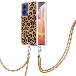 For Motorola Moto G85 Electroplating Dual-side IMD Phone Case with Lanyard(Leopard Print)