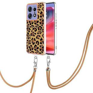 For Motorola Edge 50 Pro Electroplating Dual-side IMD Phone Case with Lanyard(Leopard Print)