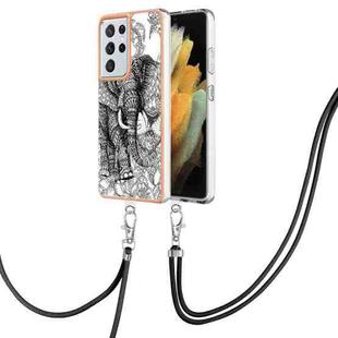 For Samsung Galaxy S21 Ultra 5G Electroplating Dual-side IMD Phone Case with Lanyard(Totem Elephant)