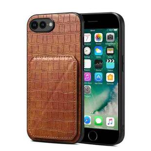 For iPhone 8 Plus / 7 Plus Imitation Crocodile Leather Back Phone Case with Holder(Brown)