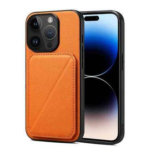 For iPhone 15 Pro Imitation Calfskin Leather Back Phone Case with Holder(Orange)