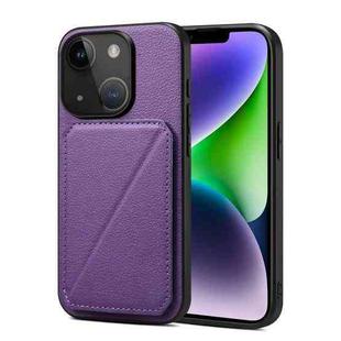 For iPhone 15 Plus Imitation Calfskin Leather Back Phone Case with Holder(Purple)