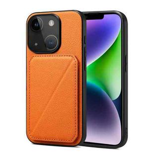 For iPhone 15 Plus Imitation Calfskin Leather Back Phone Case with Holder(Orange)