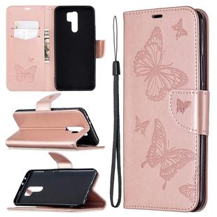 For Xiaomi Redmi 9 Two Butterflies Embossing Pattern Horizontal Flip Leather Case with Holder & Card Slot & Wallet & Lanyard(Rose Gold)