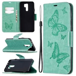 For Xiaomi Redmi 9 Two Butterflies Embossing Pattern Horizontal Flip Leather Case with Holder & Card Slot & Wallet & Lanyard(Green)