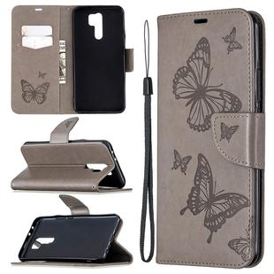 For Xiaomi Redmi 9 Two Butterflies Embossing Pattern Horizontal Flip Leather Case with Holder & Card Slot & Wallet & Lanyard(Grey)