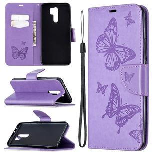 For Xiaomi Redmi 9 Two Butterflies Embossing Pattern Horizontal Flip Leather Case with Holder & Card Slot & Wallet & Lanyard(Purple)
