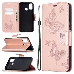 For Huawei Honor 9X Lite Two Butterflies Embossing Pattern Horizontal Flip Leather Case with Holder & Card Slot & Wallet & Lanyard(Rose Gold)