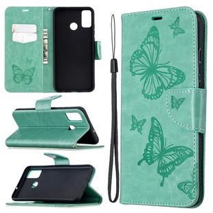 For Huawei Honor 9X Lite Two Butterflies Embossing Pattern Horizontal Flip Leather Case with Holder & Card Slot & Wallet & Lanyard(Green)