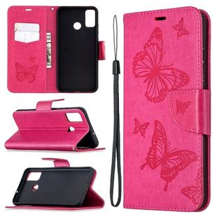 For Huawei Honor 9X Lite Two Butterflies Embossing Pattern Horizontal Flip Leather Case with Holder & Card Slot & Wallet & Lanyard(Rose Red)