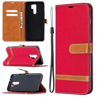 For Xiaomi Redmi 9 Color Matching Denim Texture Horizontal Flip Leather Case with Holder & Card Slots & Wallet & Lanyard(Red)