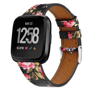 For Fitbit Versa 2 / Fitbit Versa / Fitbit Versa Lite Leather Watch Band with Round Tail Buckle(Black Skin Pink Flower)