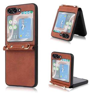 For Samsung Galaxy Z Flip5 5G Lambskin Texture Leather Phone Case with Lanyard(Brown)
