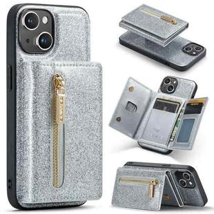 For iPhone 15 DG.MING M3 Series Glitter Powder Card Bag Leather Phone Case(Silver)