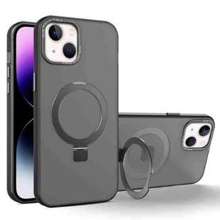 For iPhone 15 MagSafe Metal Holder Frosted Translucent Phone Case(Black)