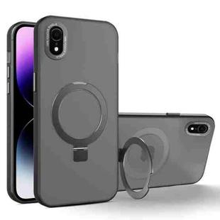 For iPhone XR MagSafe Metal Holder Frosted Translucent Phone Case(Black)