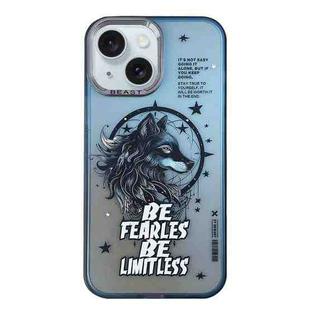 For iPhone 15 Aurora Series Painted Pattern Phone Case(Black Wolf)