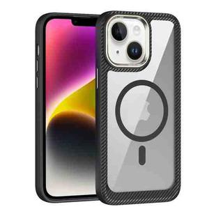 For iPhone 15 Plus MagSafe Carbon Fiber Transparent Back Panel Phone Case(Black Transparent Black)