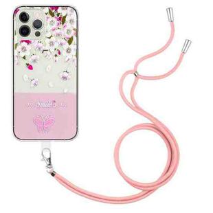 For iPhone 15 Plus Bronzing Butterfly Flower TPU Phone Case with Lanyard(Peach Blossoms)
