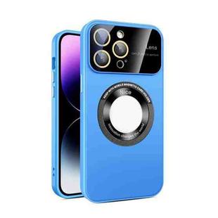 For iPhone 15 Pro Max Large Glass Window Magnetic Magsafe Phone Case with Lens Film(Sky Blue)