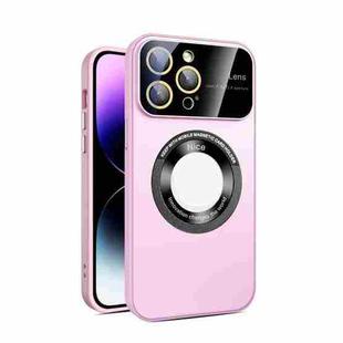 For iPhone 15 Pro Large Glass Window Magnetic Magsafe Phone Case with Lens Film(Pink)