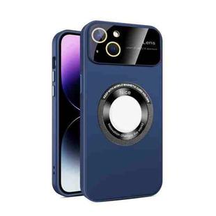 For iPhone 15 Plus Large Glass Window Magnetic Magsafe Phone Case with Lens Film(Royal Blue)